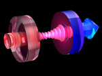 An atom is cooled by a standing-wave light field between two high-quality mirrors. Cavity cooling avoids the usual light scatter into the surroundings. Instead, the light leaking out of the mirrors is blue-shifted to a higher frequency (image credit: Pepijn Pinkse Max Planck Institute of Quantum Optics)